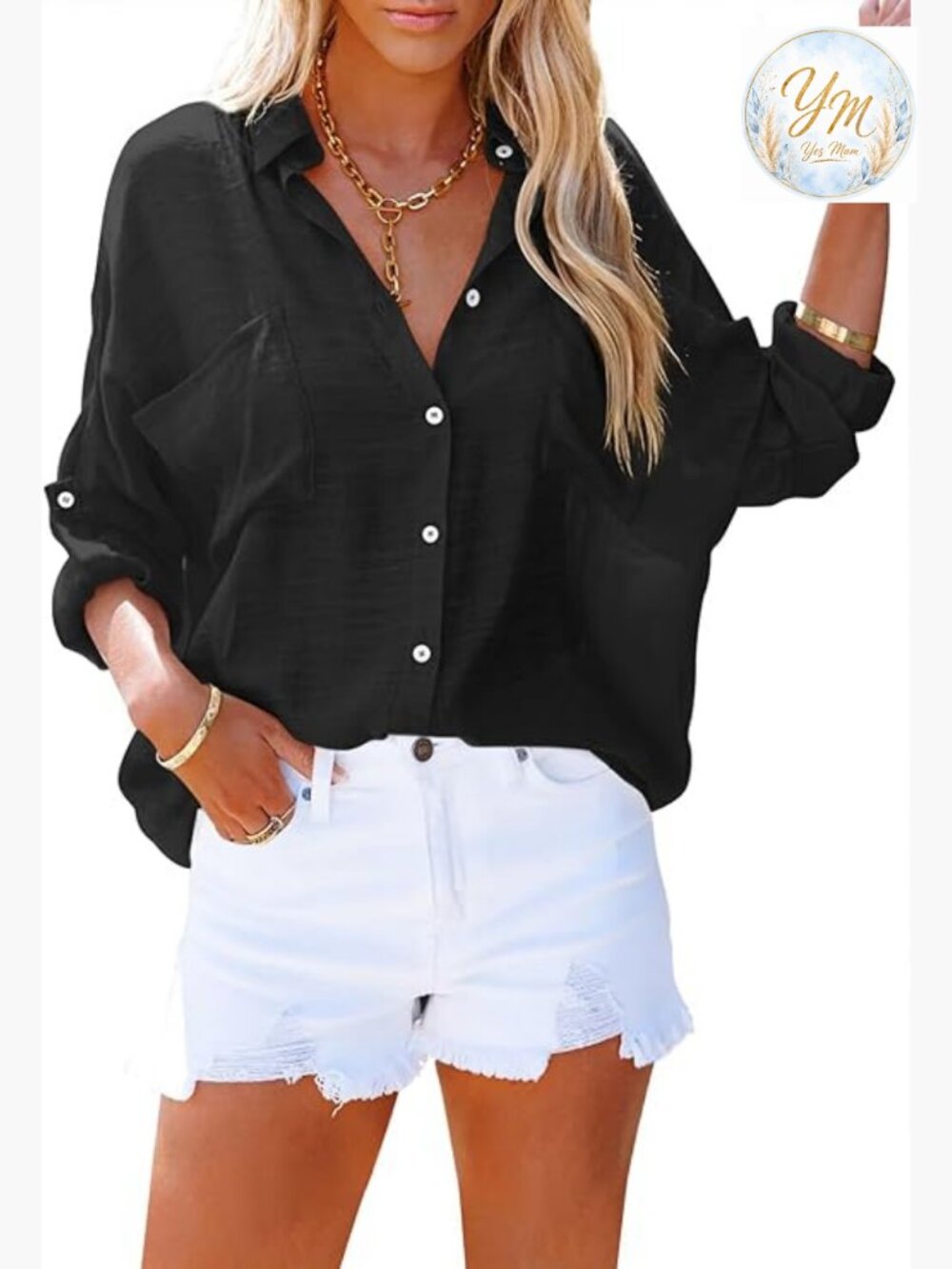 Women Cotton Button Up Shirt Long Sleeve V Neck Blouse Tunic Tops Pocket